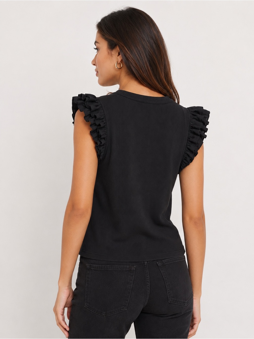 🌺 Rails Black Ribbed Ruffle Sleeve Stretch Top - Picture 2 of 4